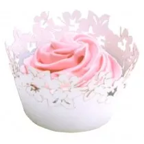Dekorativer Kragen für Cupcakes, silberne Blumen, 12 Stück