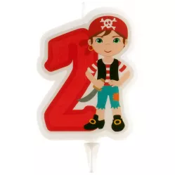 Stumpfkerze für Geburtstag, Zahl zwei, Pirat, 7 cm