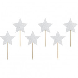 PartyDeco Spieß-Dekorationen für Muffins Silberne Sternchen KPM19-018B Torte