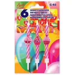 Kuchkerzen zum Kuchen 6 Stück rosa mit Cupcakes