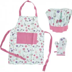 Kinder-Schürze + Ofenhandschuh + Mütze, blau mit Blumen und Bienchen 960354