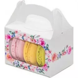 Hochzeitsbox für Macarons, weiß mit Blumen (8 x 5,7 x 5,7 cm) K12-2089-01
