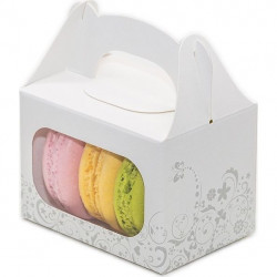 Hochzeitsbox für Macarons, weiß mit grauer Verzierung (8 x 5,7 x 5,7 cm)