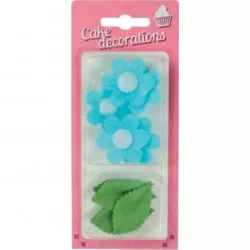 Dekorations aus essbarem Papier Blaue Mohnblumen mit Blättern (11 Stück)