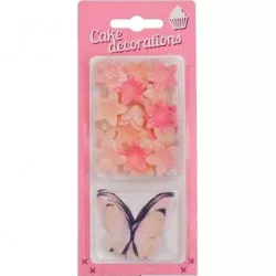 Verzierungen aus essbarem Papier: Schmetterlinge in Lachsrosa und Blumen, Mini-Lachsfarben (30 Stück)