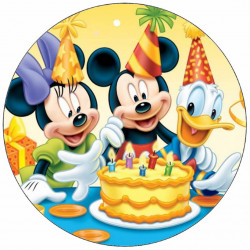 Essbares Papier Mickey, Minnie und Entchen Donald feiern Geburtstage 19,5 cm