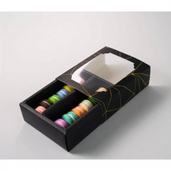 Schachtel für Makronen schwarz mit goldenen Streifen 15,5 x 12,5 x 5,2 cm (für 10 Stück)