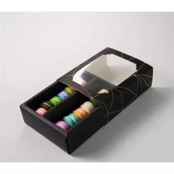Schachtel für Makronen schwarz mit goldenen Streifen 15,5 x 12,5 x 5,2 cm (für 10 Stück)