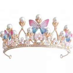Ungeziehbare Verzierung Metall Krone Gold mit Perlen und Schmetterlingen