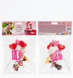 Minnie-Tortenfigur, Ballons und Bank.
