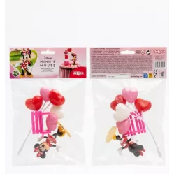 Minnie-Tortenfigur, Ballons und Bank.